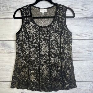 Dressbarn Women's Blouse Top Size L Lace Lined Black Gold Witchy